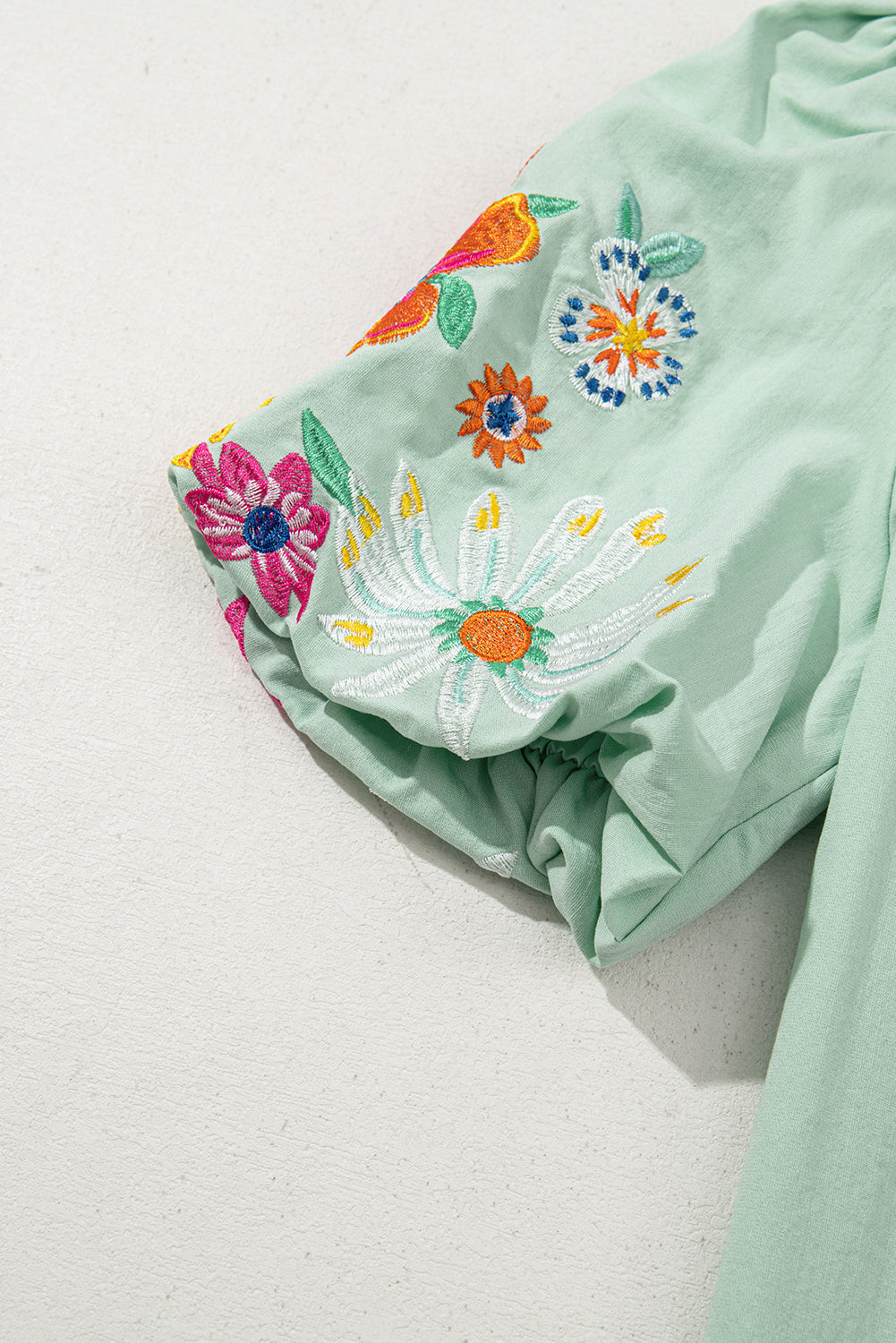 Beau Blue Floral Embroidered Puff Sleeve Split Neck Blouse