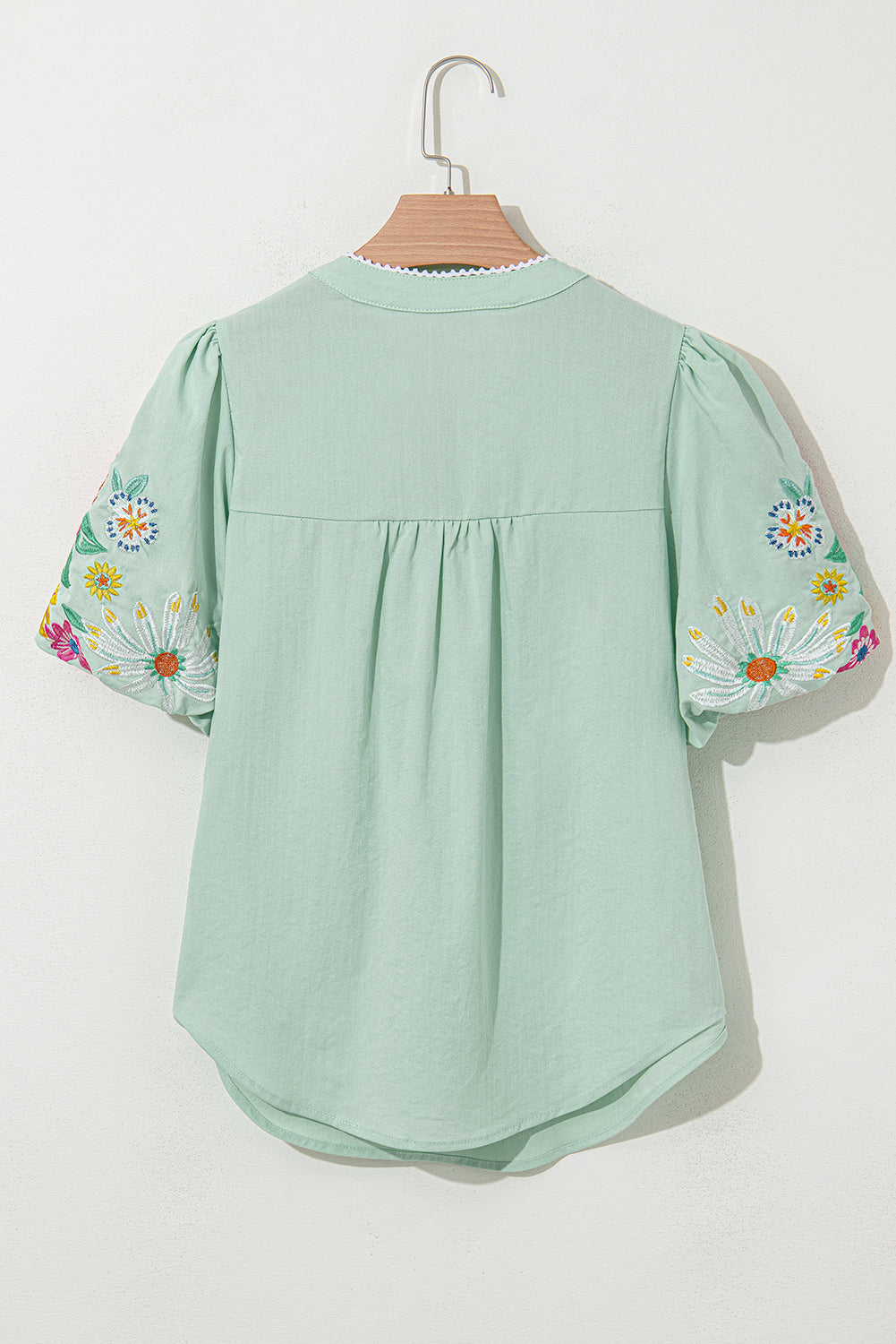 Beau Blue Floral Embroidered Puff Sleeve Split Neck Blouse