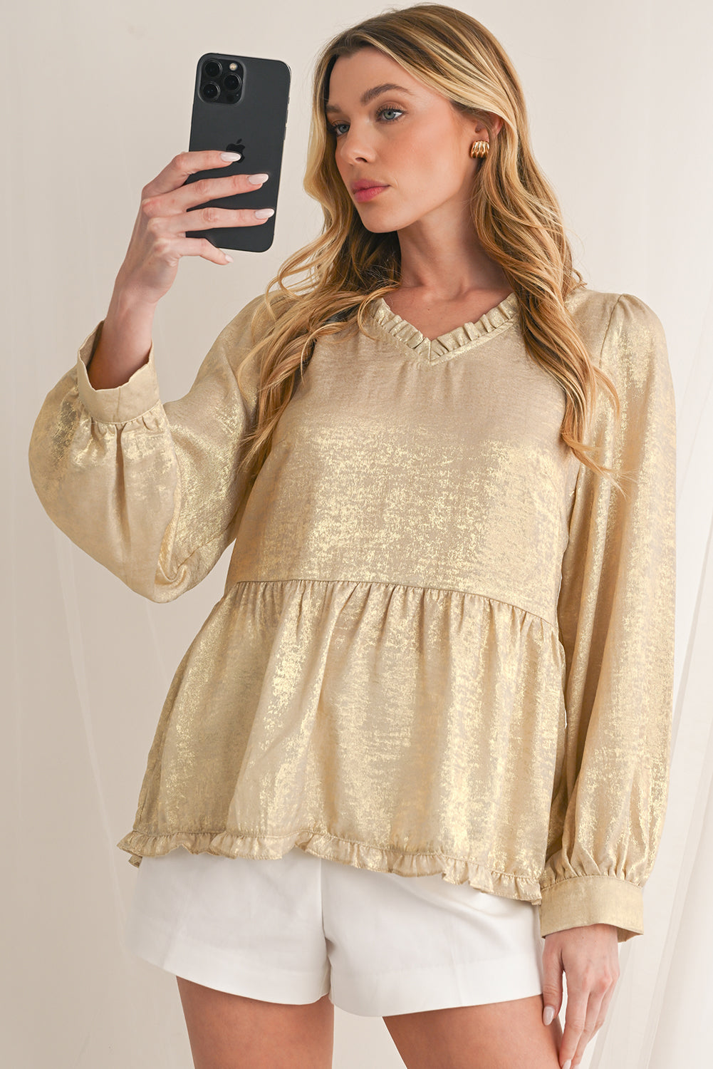 Rose Red Metallic Velvet Frill V Neck Puff Sleeve Babydoll Blouse