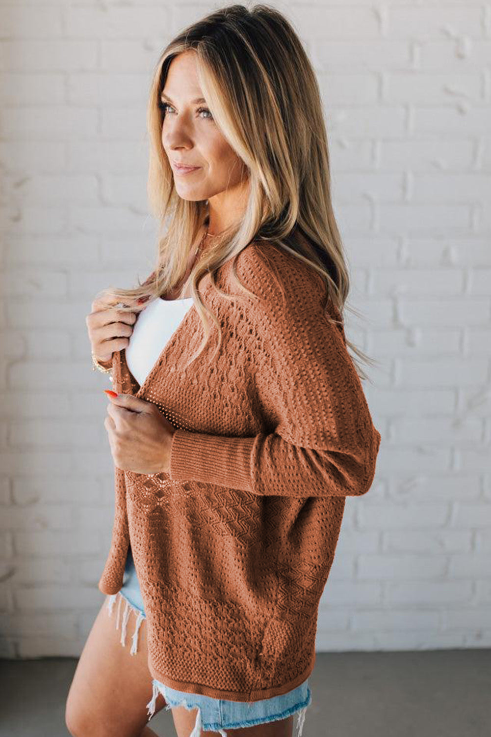 Lapis Mix Pattern Hollow Knit Open Front Cardigan