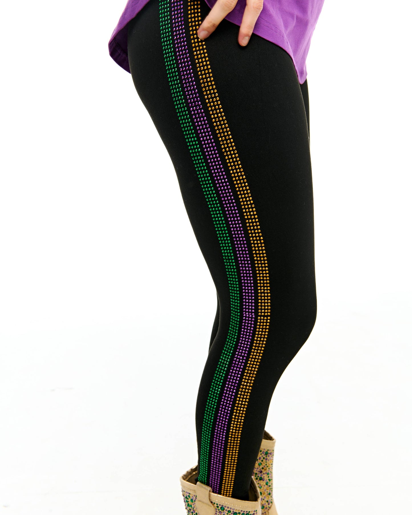 Mardi Gras rhinestone side stripe leggings