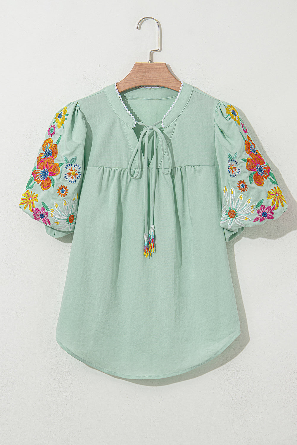 Beau Blue Floral Embroidered Puff Sleeve Split Neck Blouse