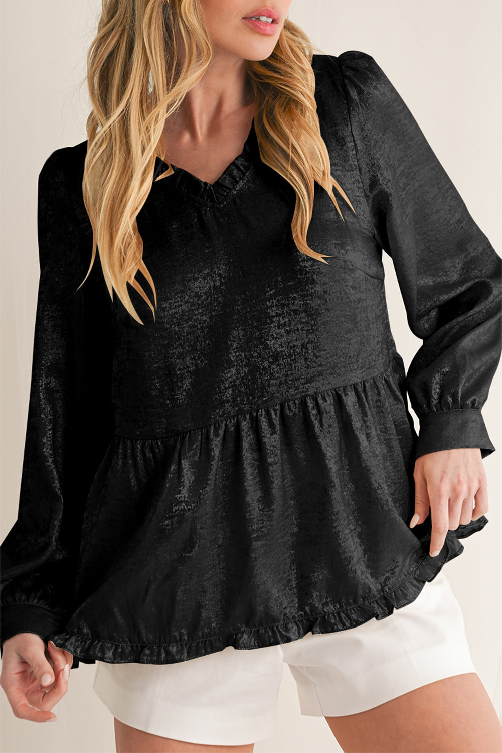 Rose Red Metallic Velvet Frill V Neck Puff Sleeve Babydoll Blouse