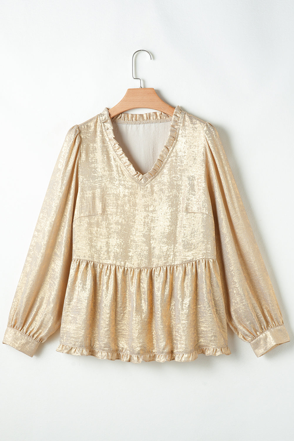 Rose Red Metallic Velvet Frill V Neck Puff Sleeve Babydoll Blouse
