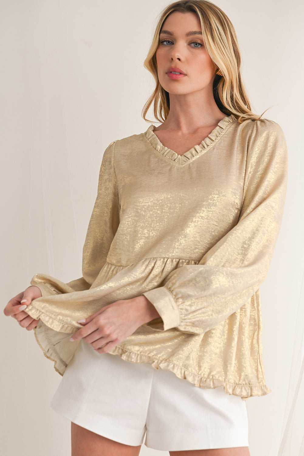 Rose Red Metallic Velvet Frill V Neck Puff Sleeve Babydoll Blouse