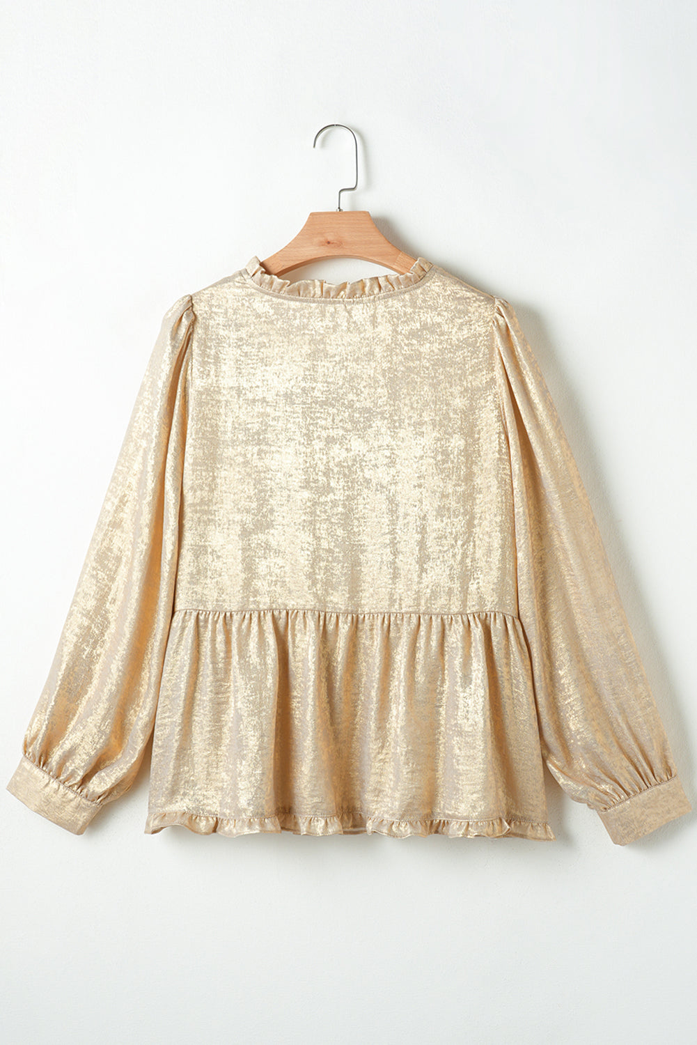 Rose Red Metallic Velvet Frill V Neck Puff Sleeve Babydoll Blouse