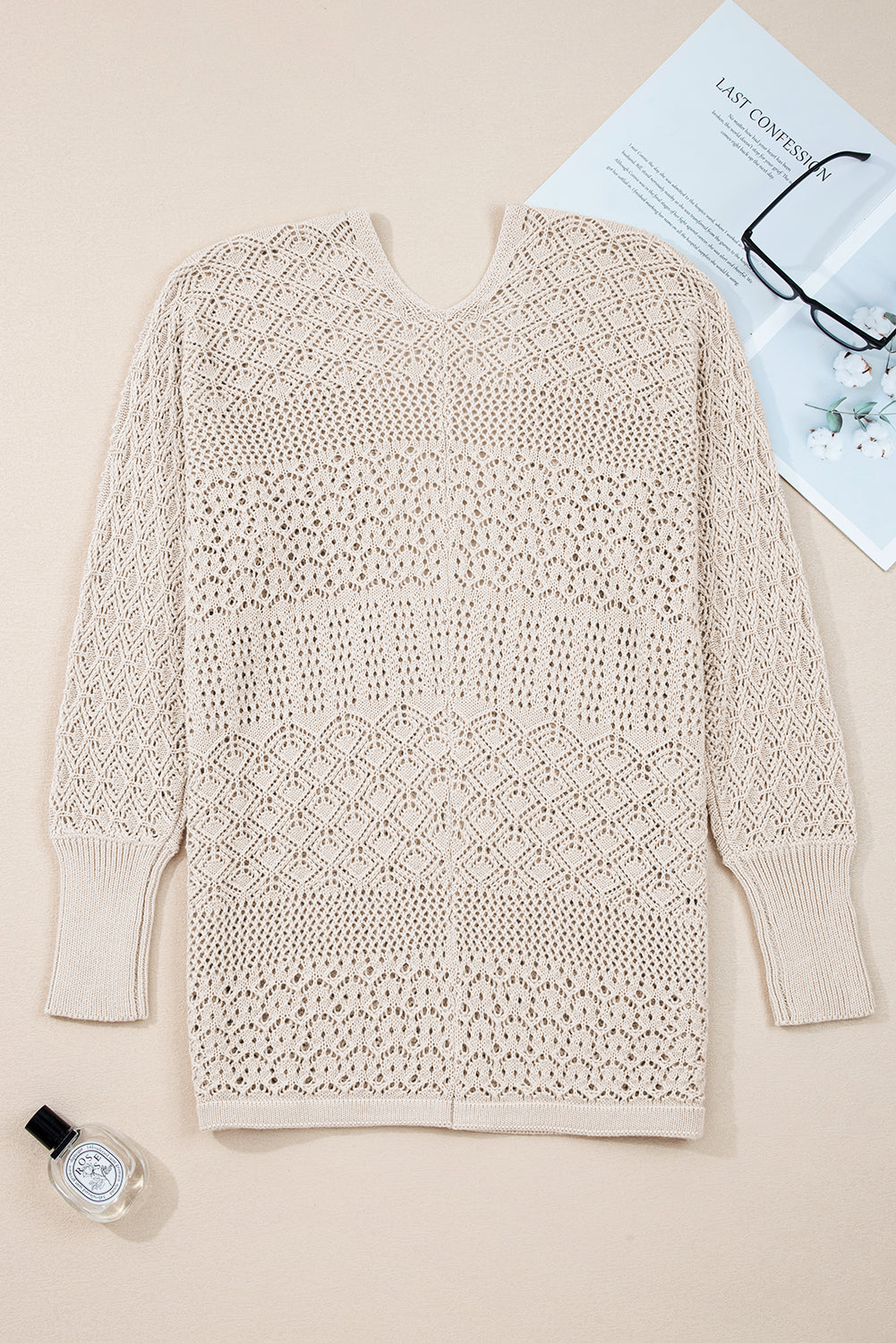 Lapis Mix Pattern Hollow Knit Open Front Cardigan