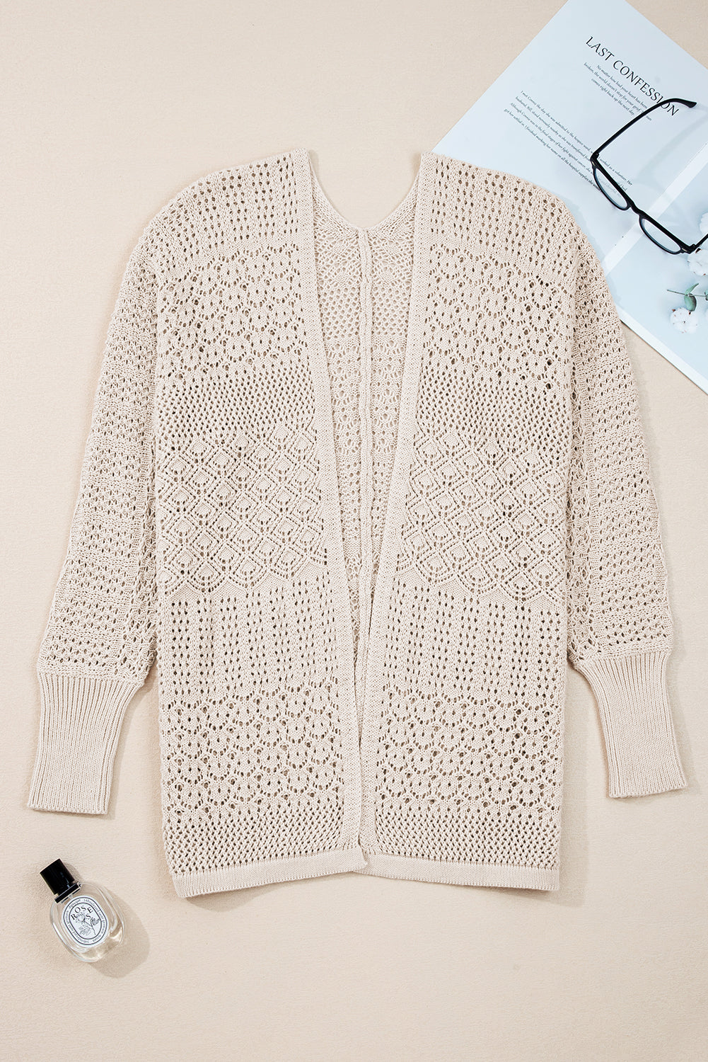 Lapis Mix Pattern Hollow Knit Open Front Cardigan