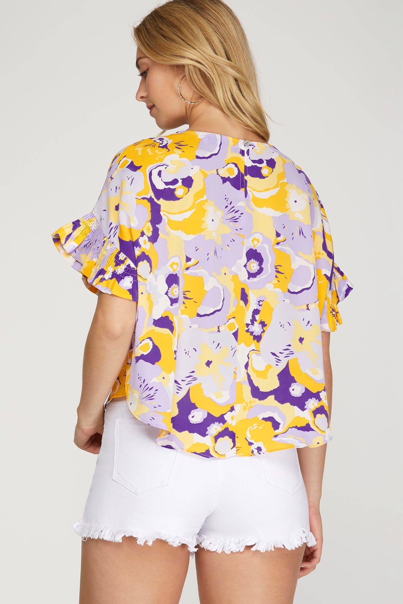 Ruffle Smocked Slv Floral Print Woven Top