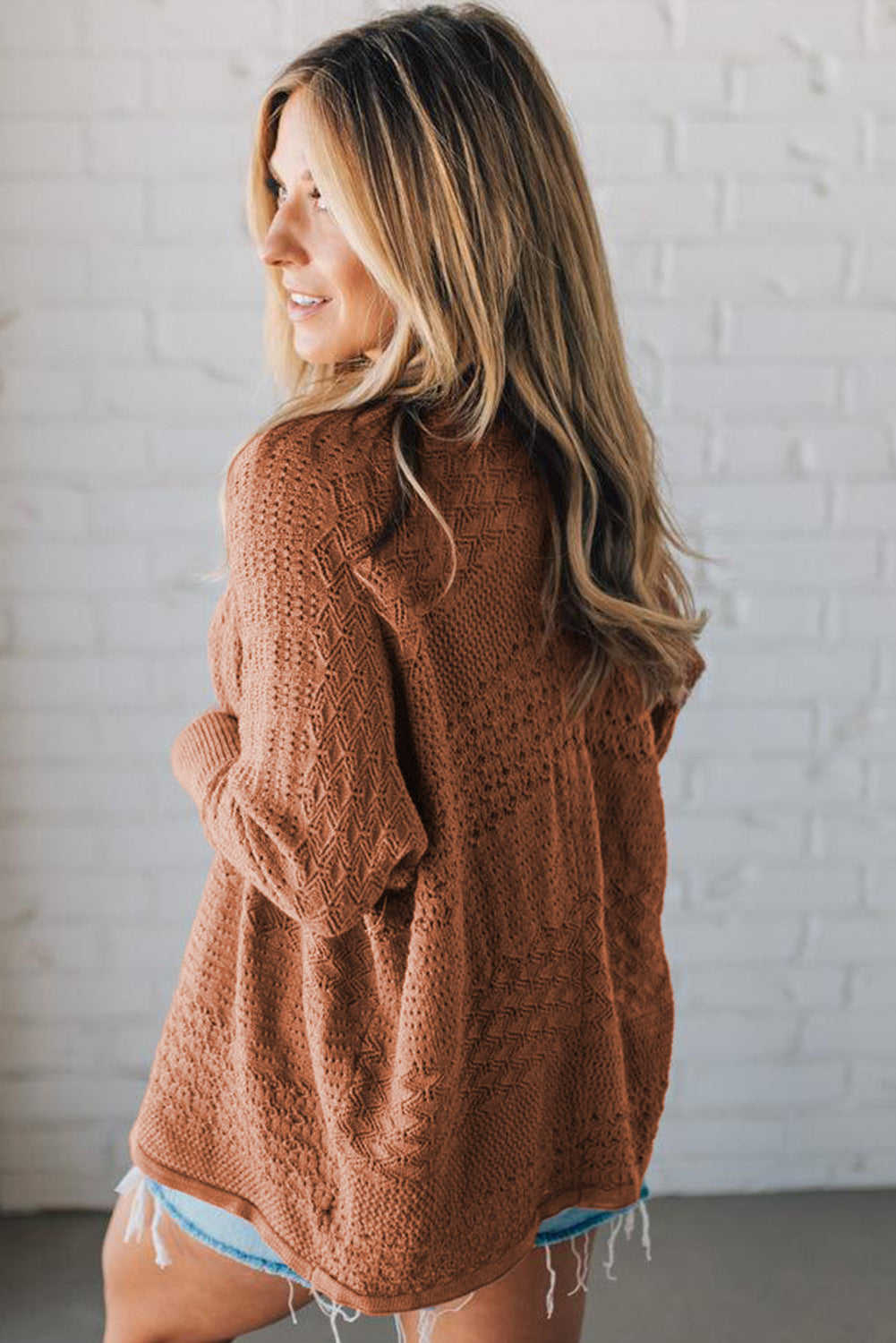 Lapis Mix Pattern Hollow Knit Open Front Cardigan