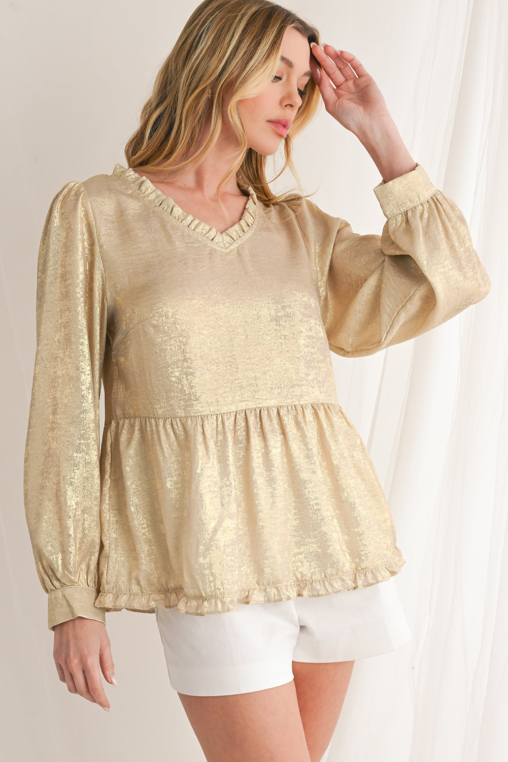 Rose Red Metallic Velvet Frill V Neck Puff Sleeve Babydoll Blouse