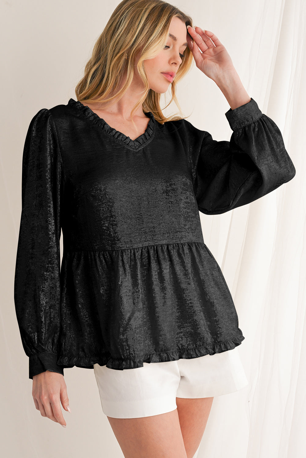 Rose Red Metallic Velvet Frill V Neck Puff Sleeve Babydoll Blouse