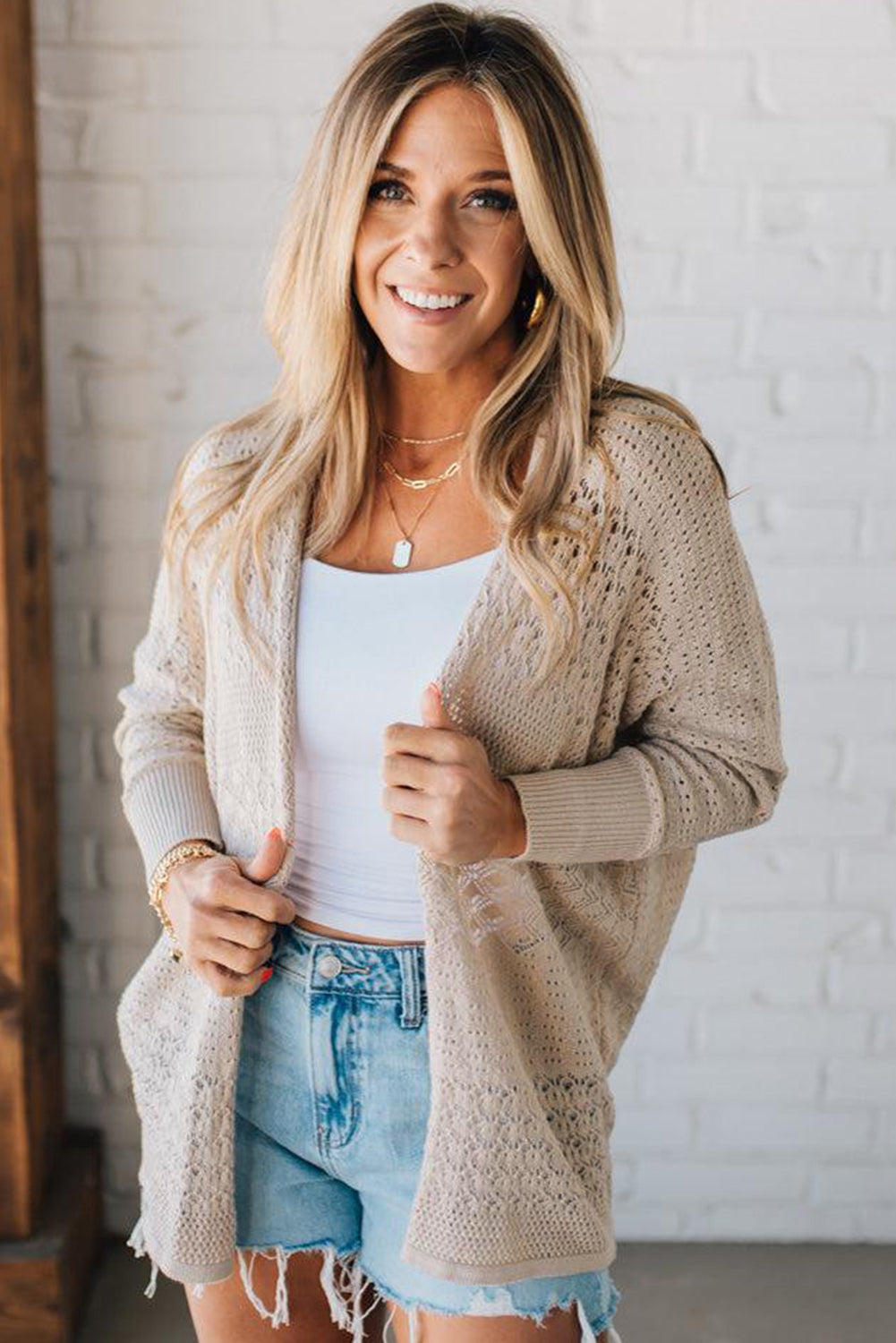 Lapis Mix Pattern Hollow Knit Open Front Cardigan