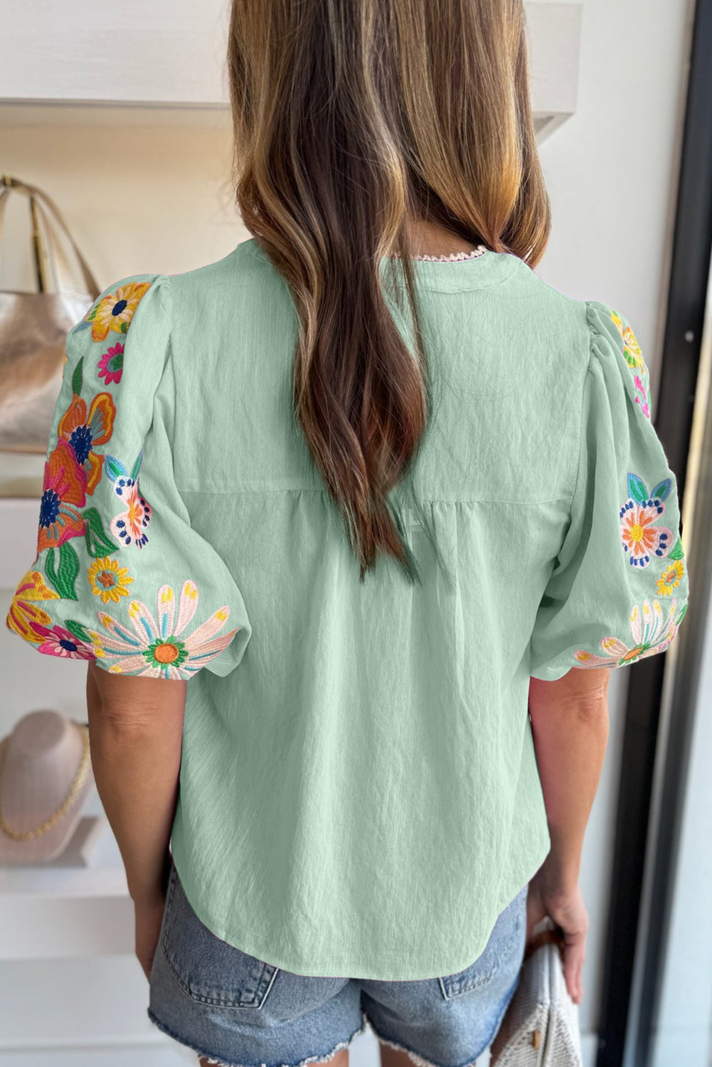 Beau Blue Floral Embroidered Puff Sleeve Split Neck Blouse