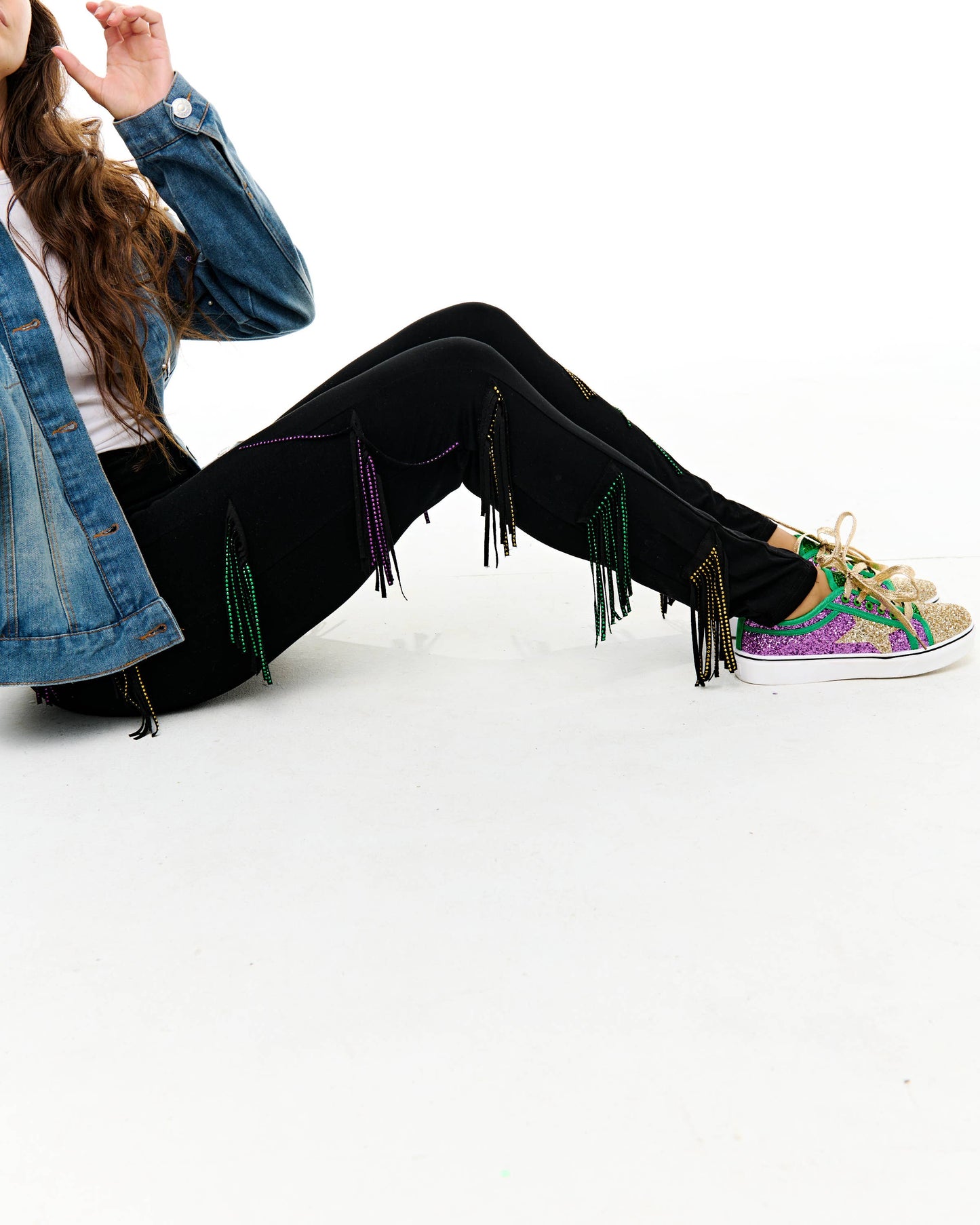 Mardi Gras rhinestone tassel leggings ADULT