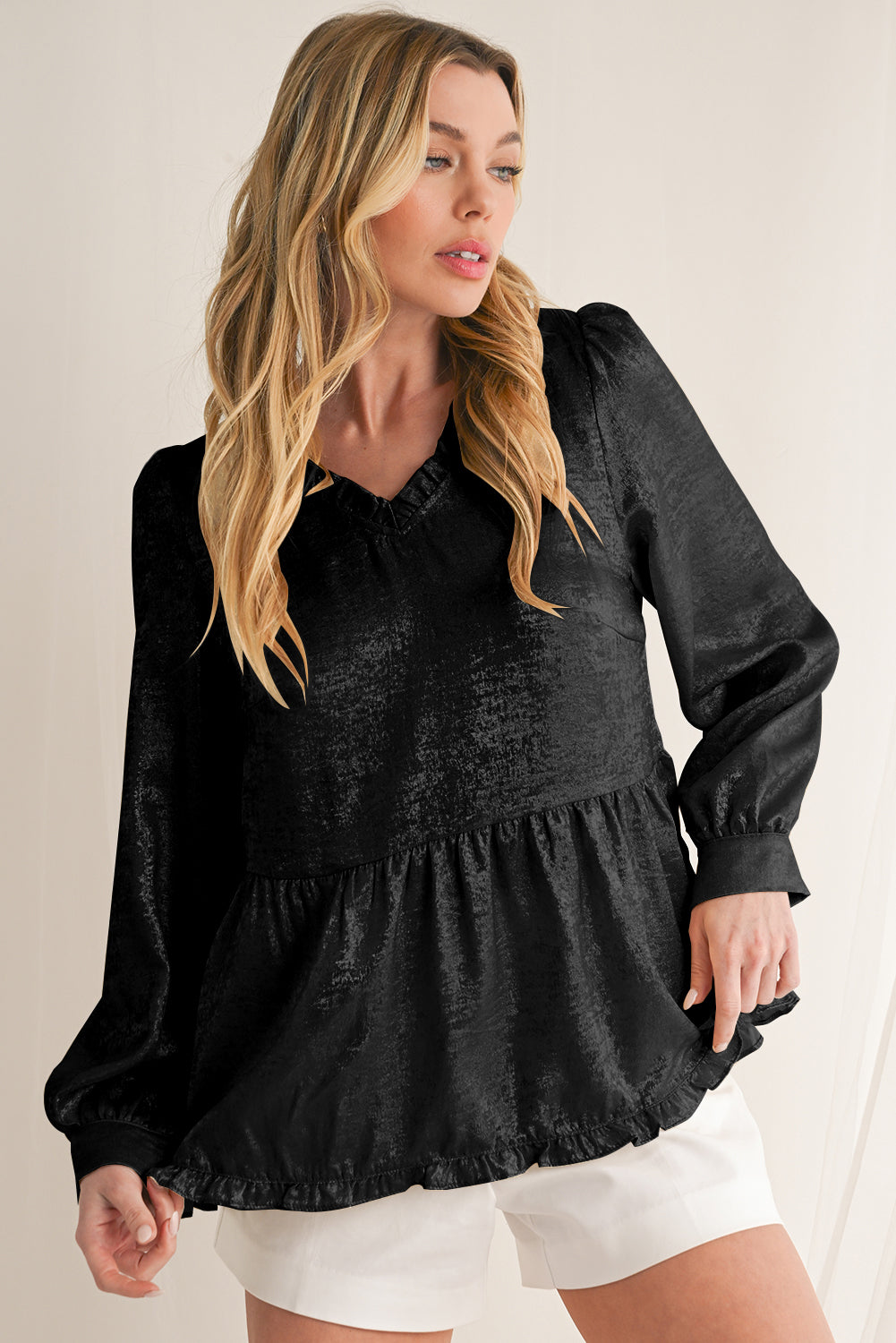 Rose Red Metallic Velvet Frill V Neck Puff Sleeve Babydoll Blouse