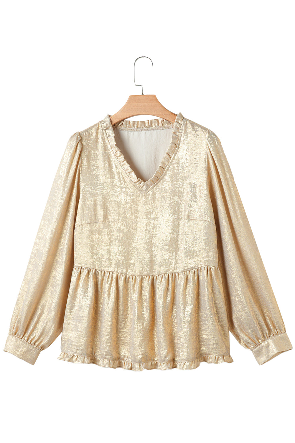 Rose Red Metallic Velvet Frill V Neck Puff Sleeve Babydoll Blouse