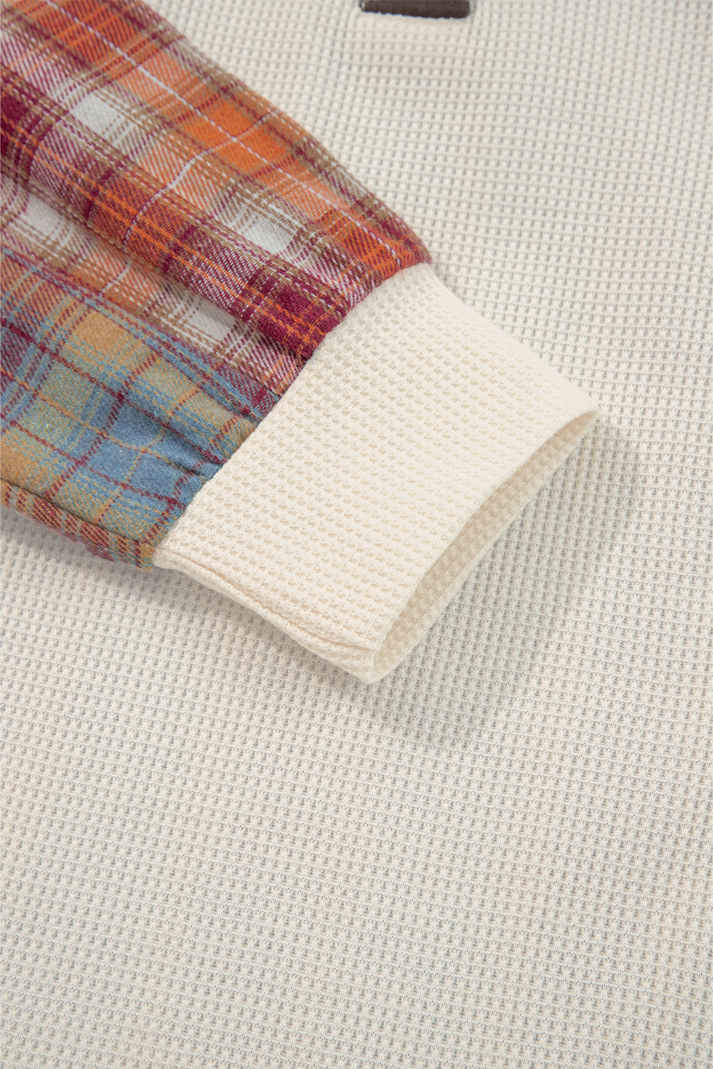 Straw Yellow Waffle Stripe Plaid Patchwork Henley Top