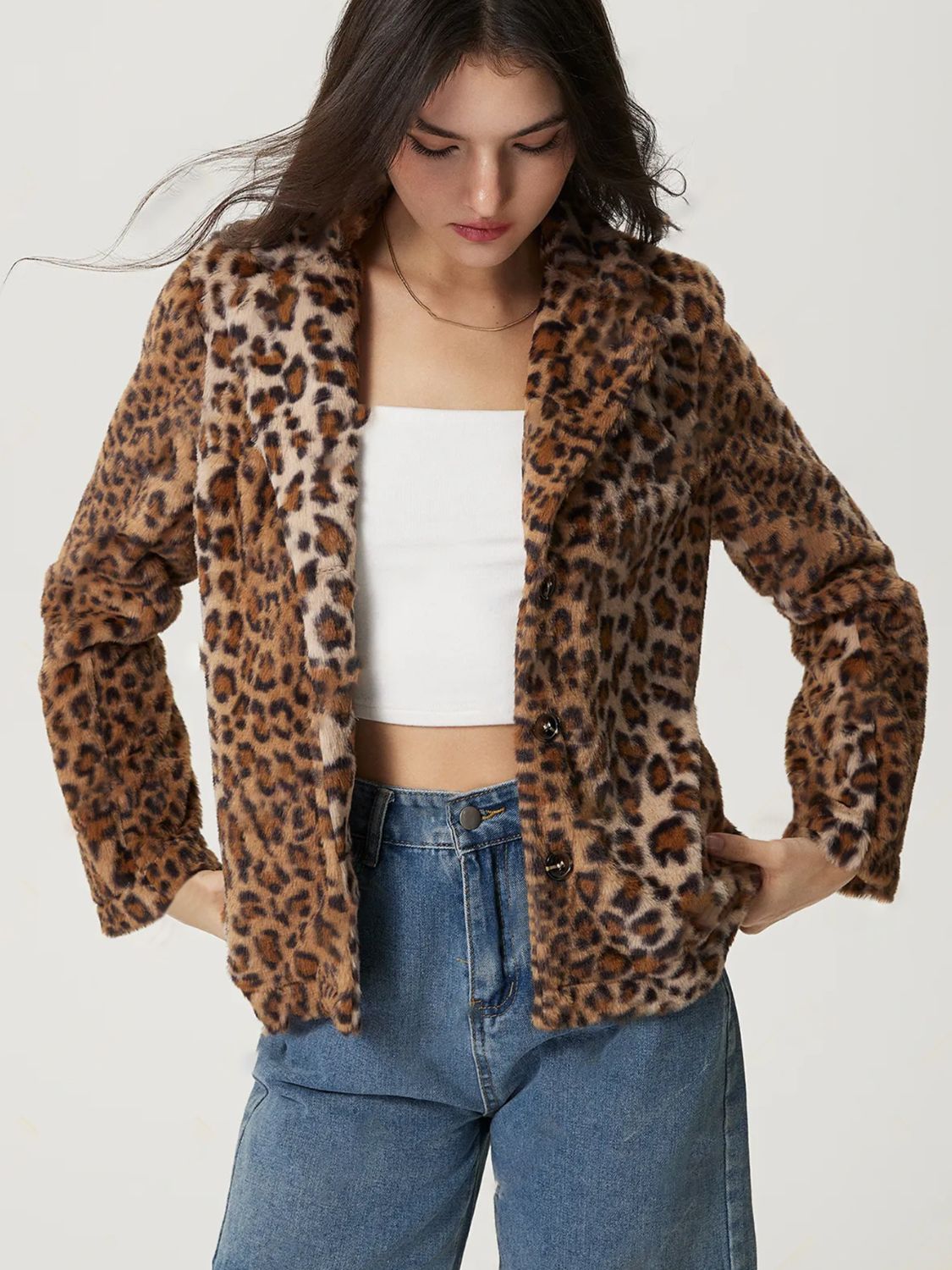 Fuzzy Leopard Collared Neck Jacket