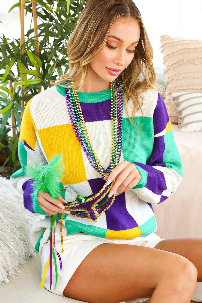 Checker Board Color Block Mardi Gras Knitted Sweater VT81304