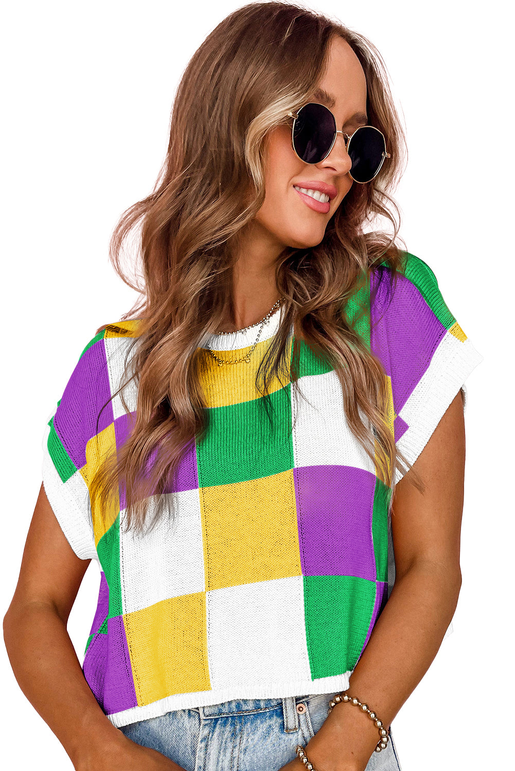 Tillandsia Purple Checkered Color Block Cap Sleeve Mardi Gras Knitted Top