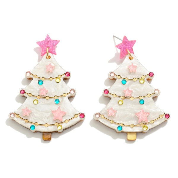 Pink and White Resin Christmas Tree Earrings