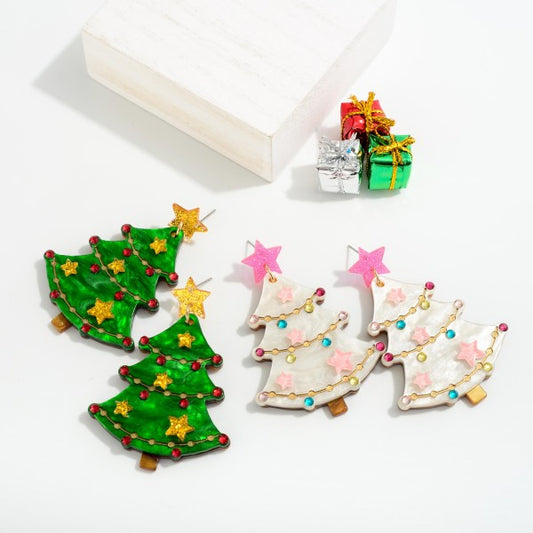 Pink and White Resin Christmas Tree Earrings