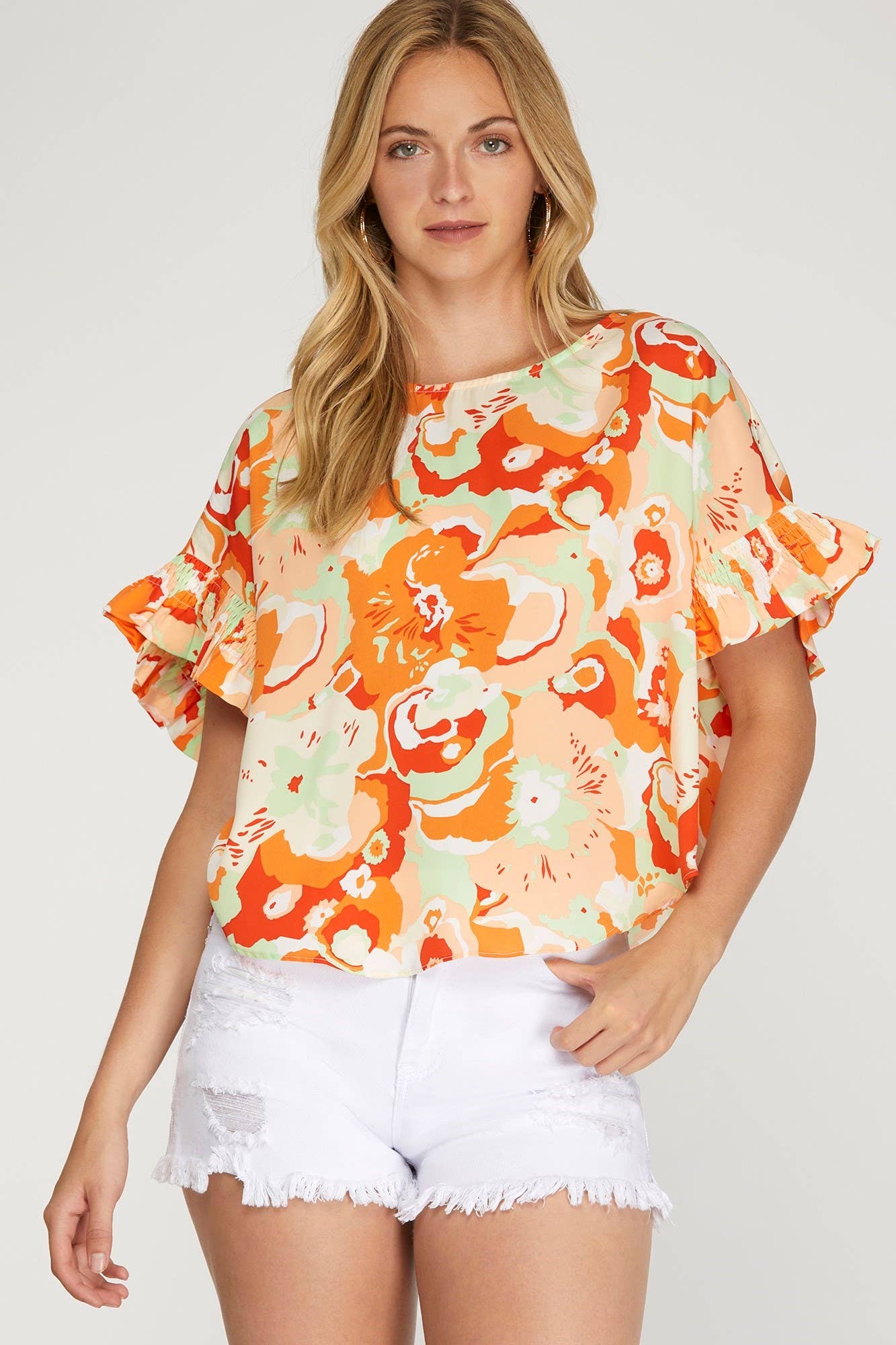 Ruffle Smocked Slv Floral Print Woven Top