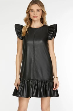 Faux Leather Ruffle Sleeve Mini Dress with Pockets