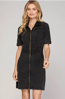 Black Washed Denim Dress with Pockets