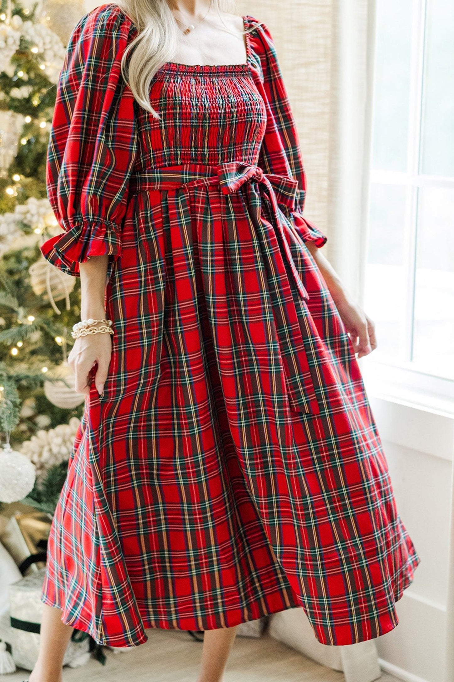 Red Tartan Plaid Square Neck Puff Sleeve Knot Waist Flared Midi Dress