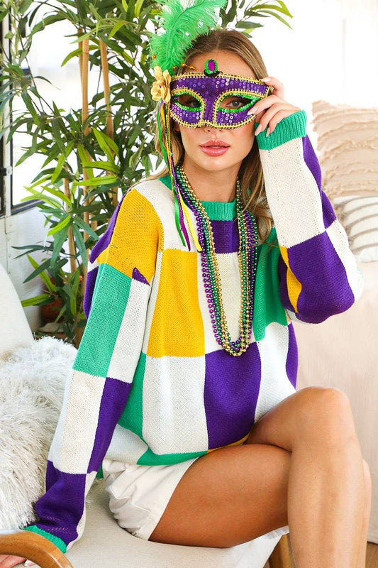 Checker Board Color Block Mardi Gras Knitted Sweater VT81304