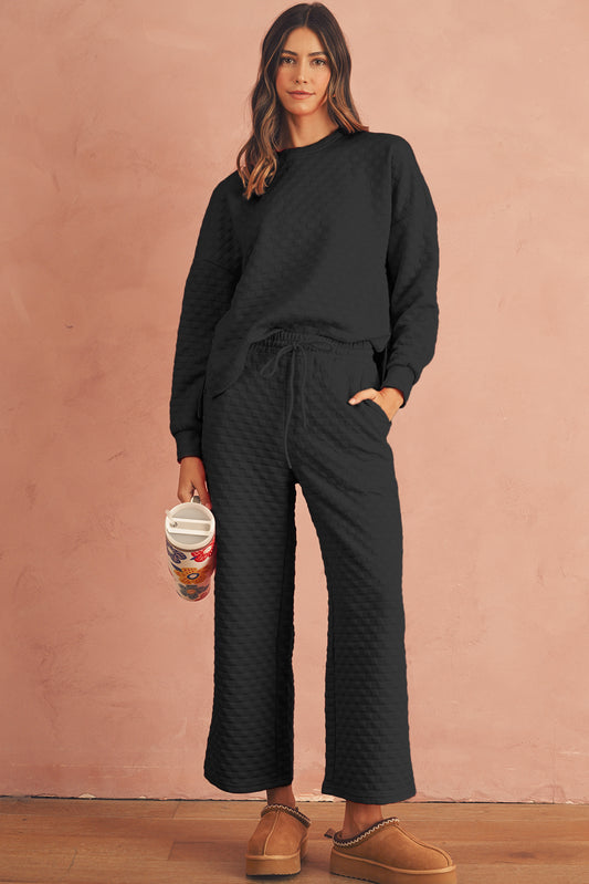 Black Checkered Textured Split Pullover Top and Pants Set