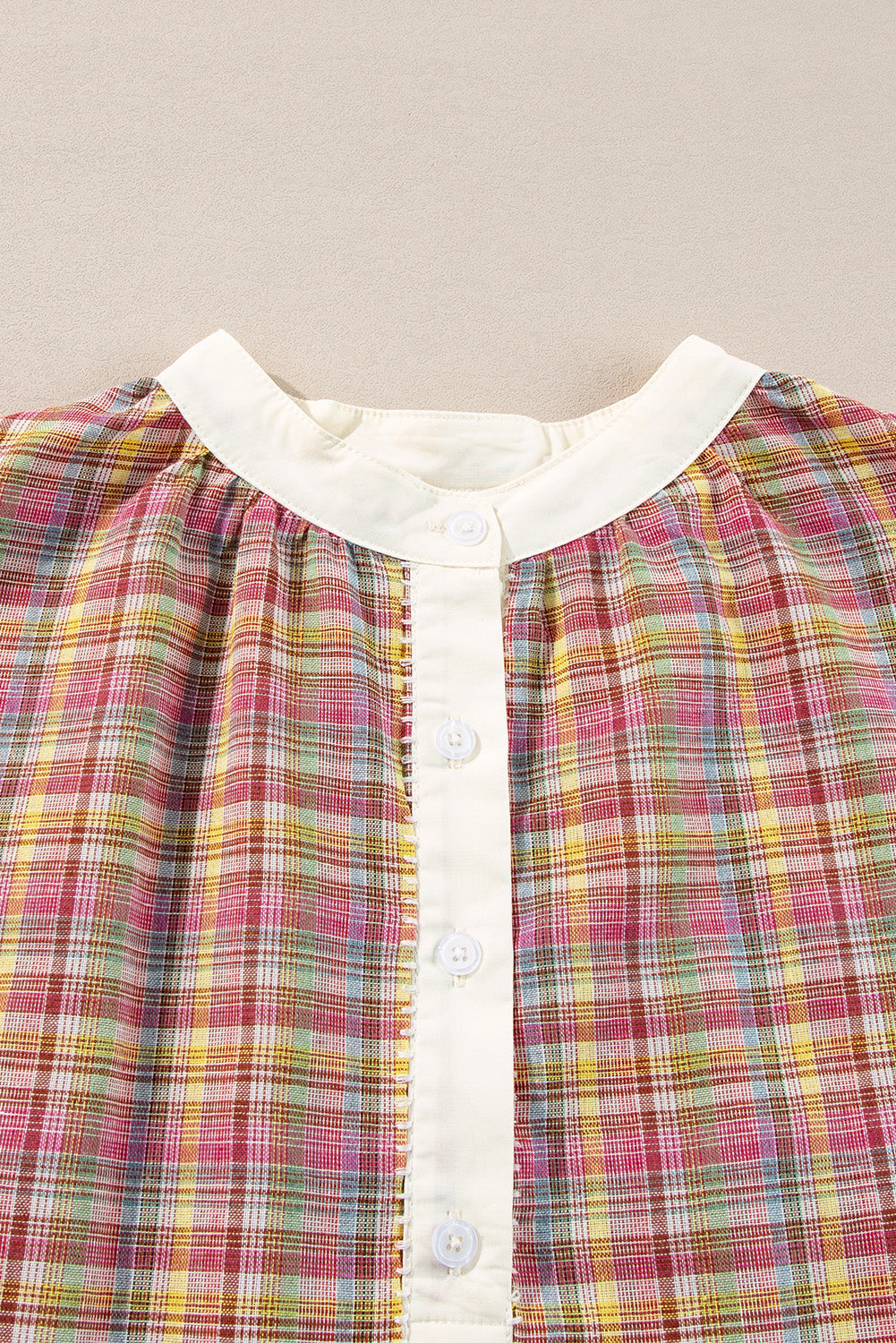 Pink Plaid Patchwork Drop Sleeve Henley Top