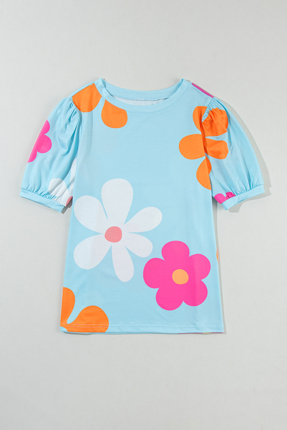 Sky Blue Colorful Flower Print Bubble Sleeve Tee