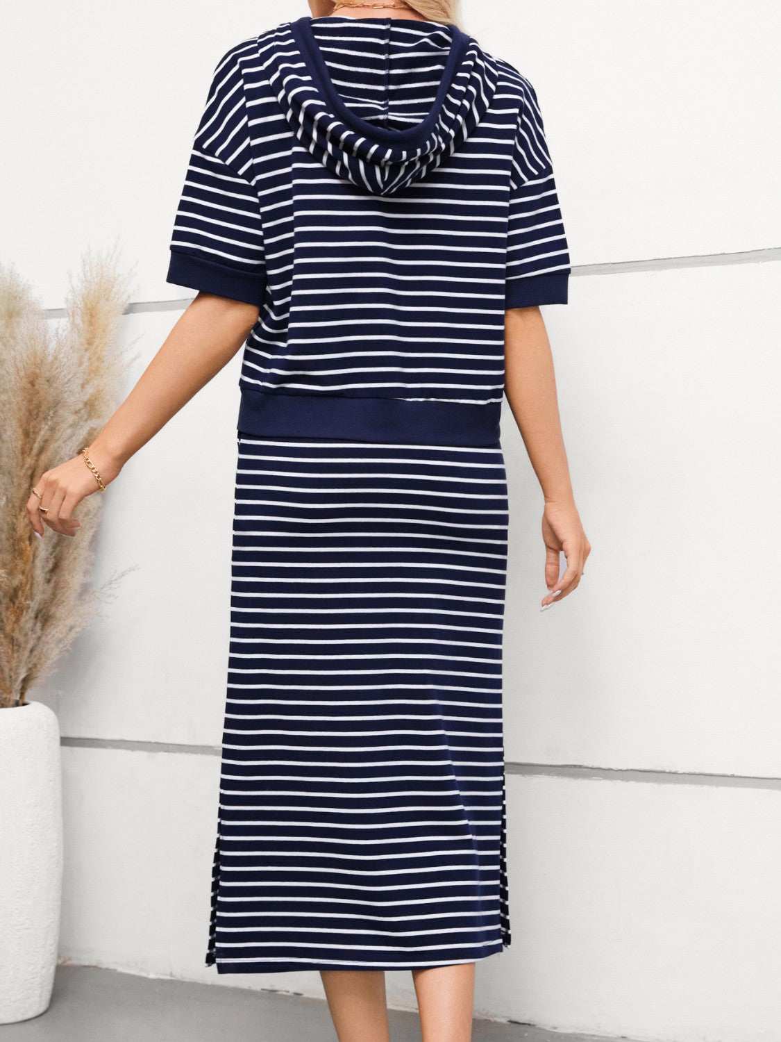 Drawstring Striped Short Sleeve Hooded Top and Skirt Set