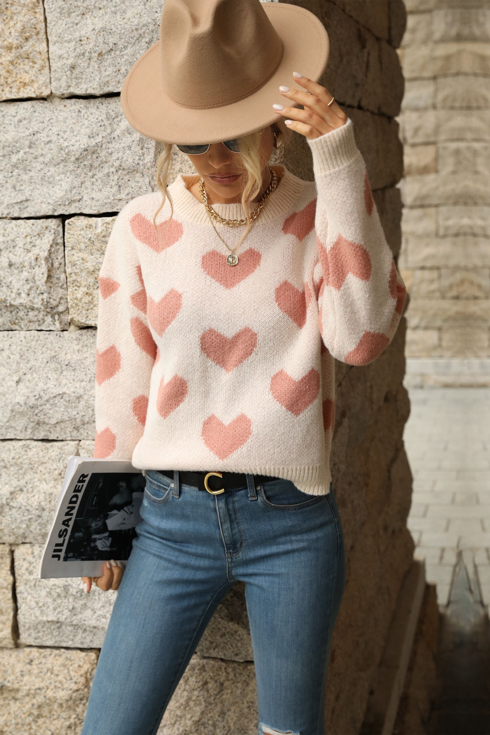 Perfee Heart Pattern Dropped Shoulder Sweater