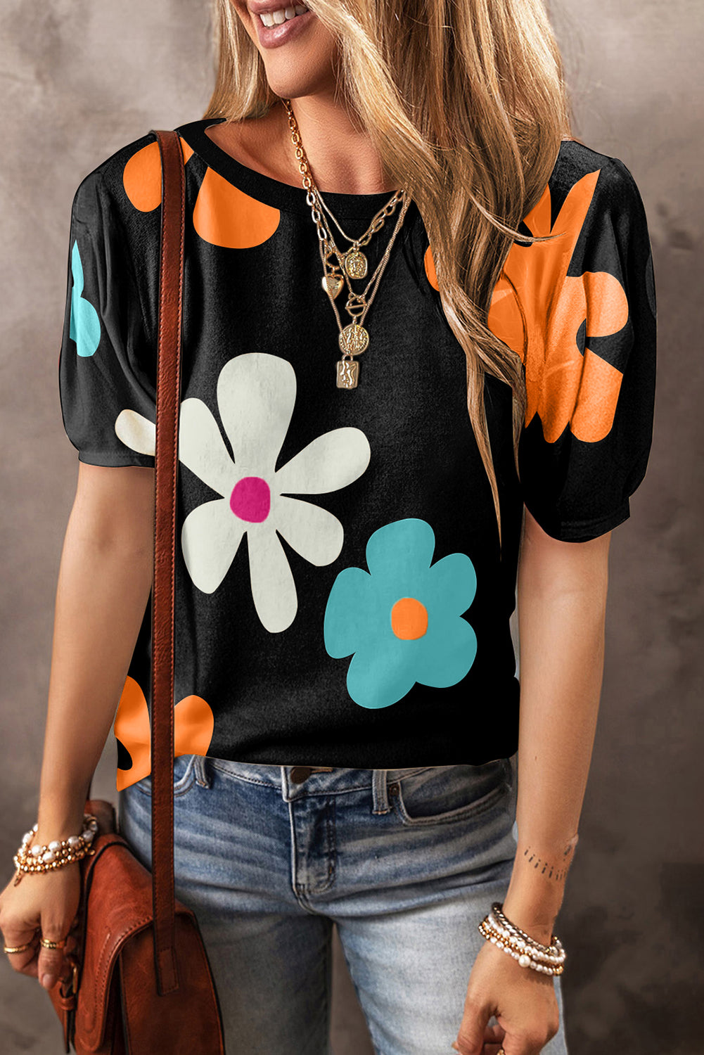 Sky Blue Colorful Flower Print Bubble Sleeve Tee