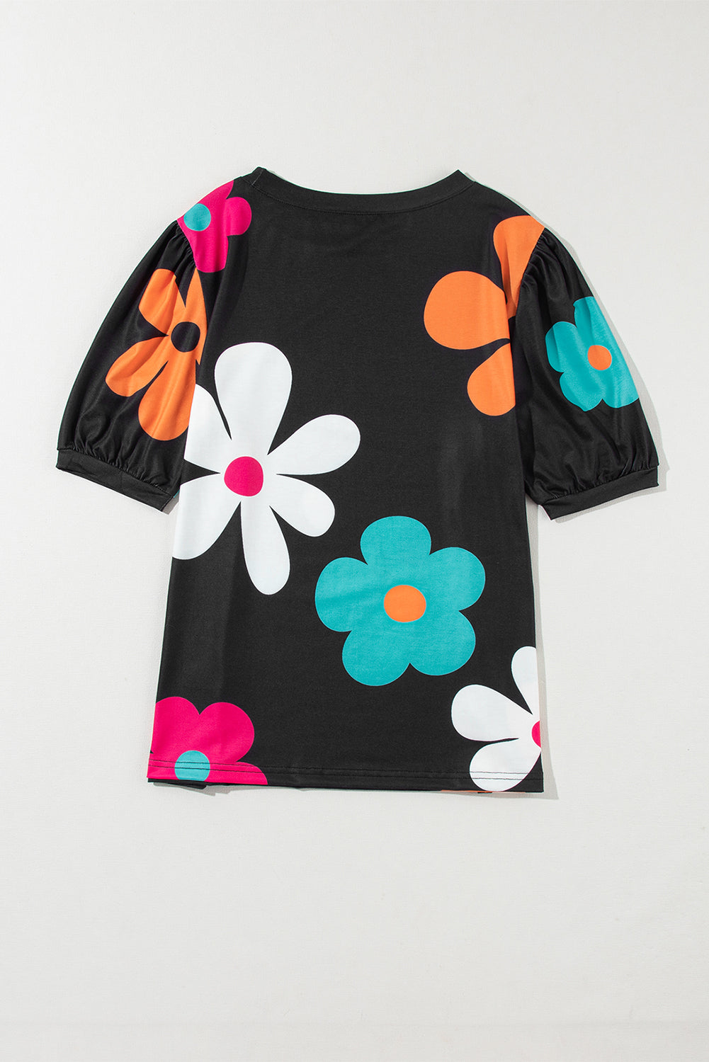 Sky Blue Colorful Flower Print Bubble Sleeve Tee