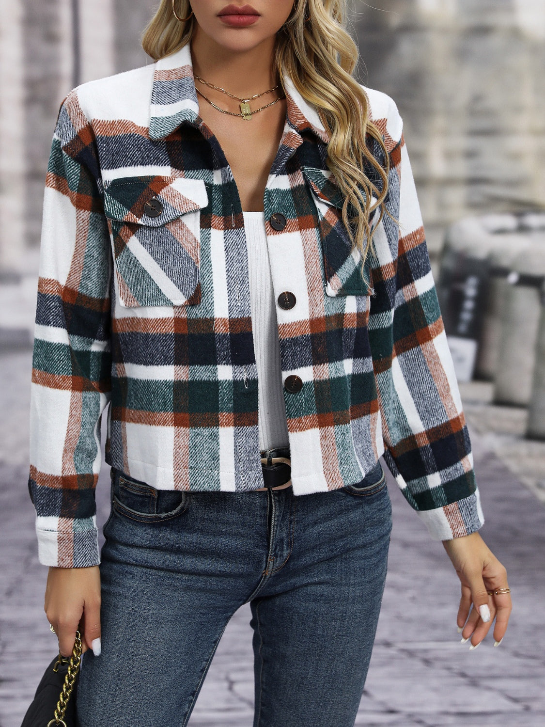 Plaid Button Up Jacket with Pockets