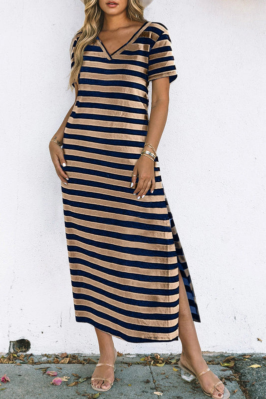 CASUAL STRIPE PRINT V NECK MAXI DRESS WITH SIDE SLITS
