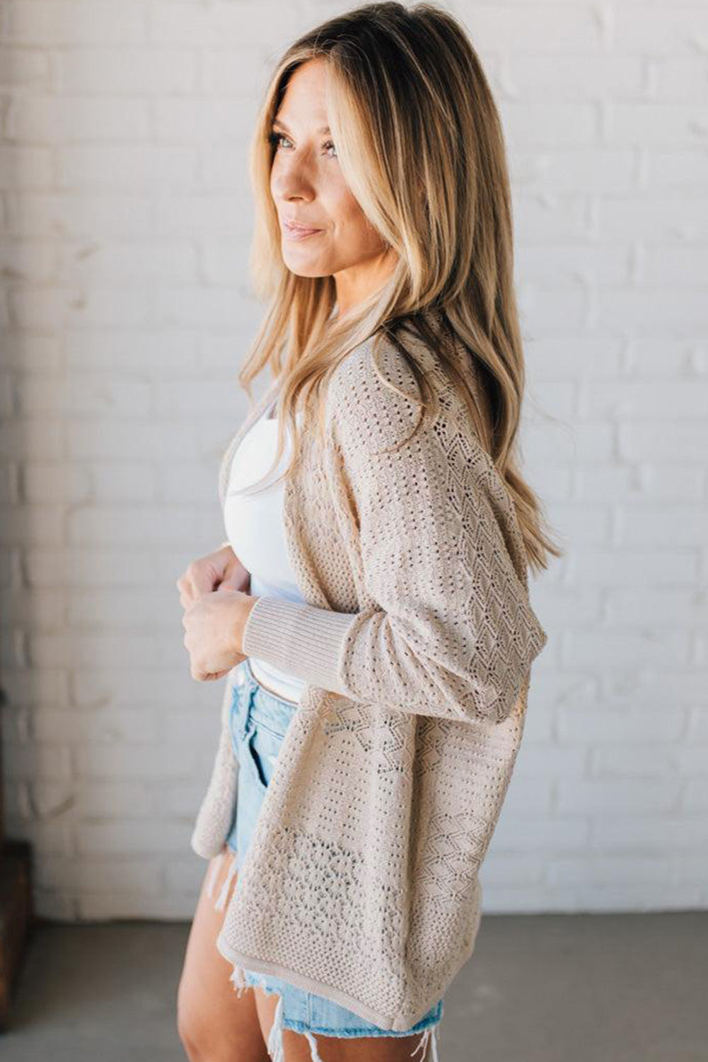 Lapis Mix Pattern Hollow Knit Open Front Cardigan