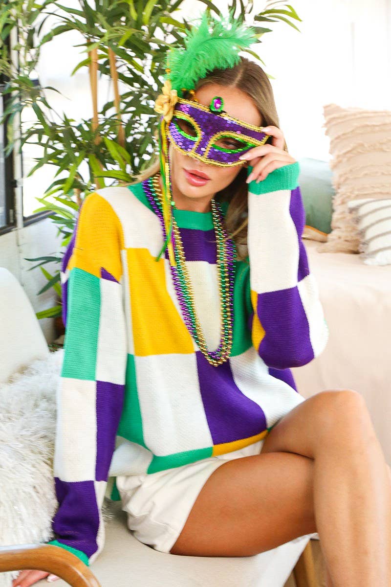 Checker Board Color Block Mardi Gras Knitted Sweater VT81304