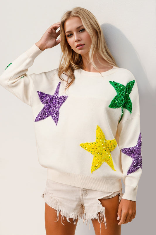 Double Take Sequin Star Round Neck Dropped Shoulder Sweater