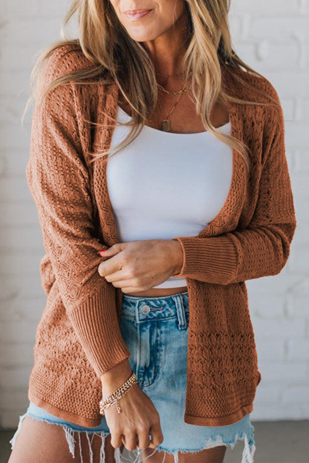 Lapis Mix Pattern Hollow Knit Open Front Cardigan