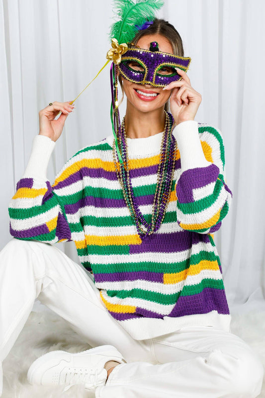 Color Block Striped Mardi Gras Crochet Knit Sweater VT82541A