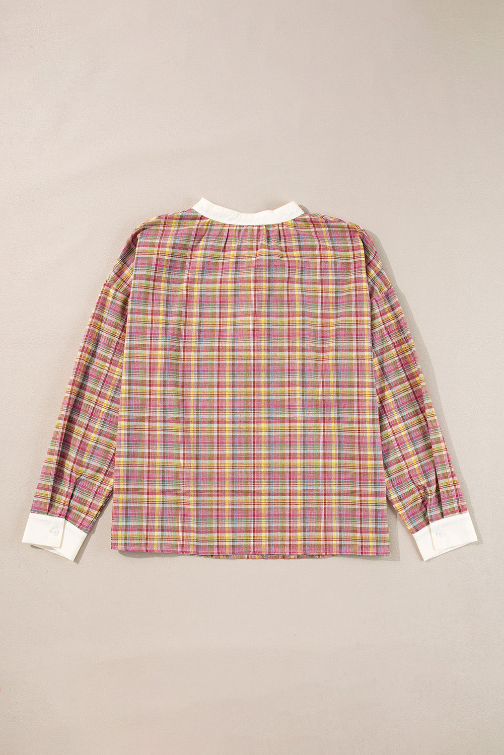 Pink Plaid Patchwork Drop Sleeve Henley Top