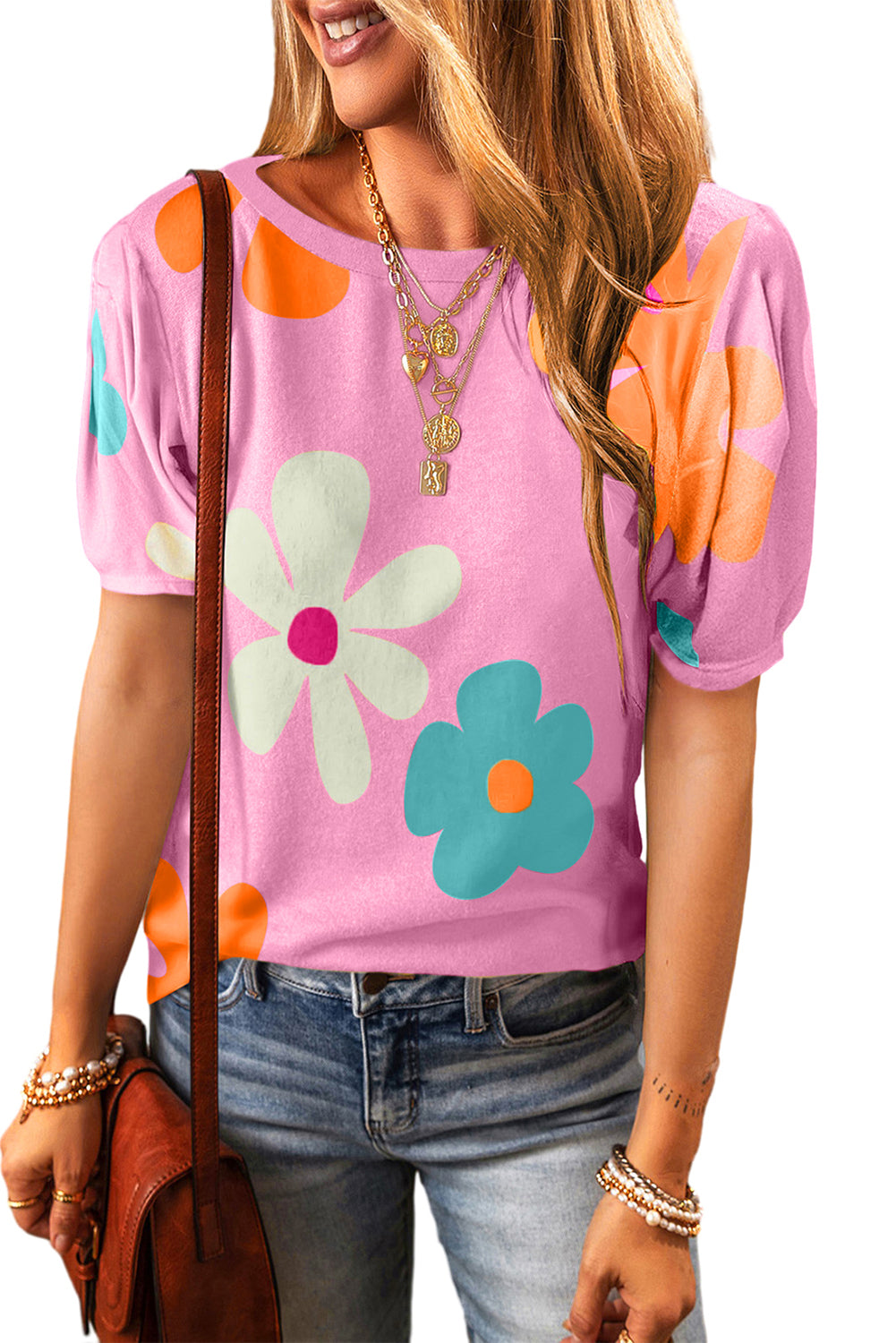 Sky Blue Colorful Flower Print Bubble Sleeve Tee