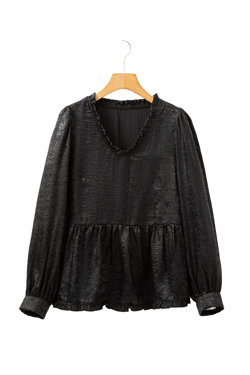 Rose Red Metallic Velvet Frill V Neck Puff Sleeve Babydoll Blouse