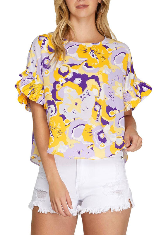 Ruffle Smocked Slv Floral Print Woven Top
